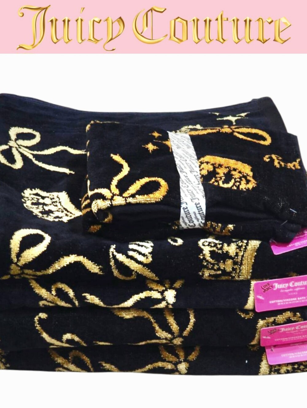 Juicy Couture Home Logo Crown & Bow Motif Cotton ViscoseTowel Set - Black/Gold